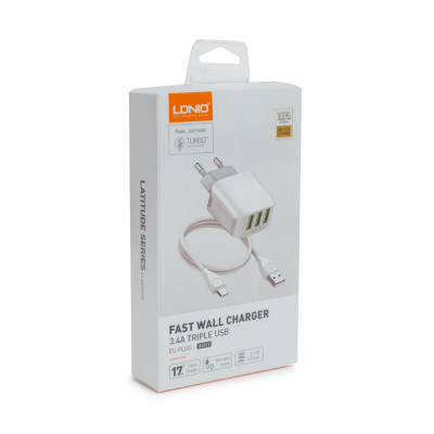 Универсальное зарядное устройство LDNIO A3312 17W Кабель Lightning 1м Белый Универсальное зарядное устройство LDNIO A3312 17W Кабель Lightning 1м Белый