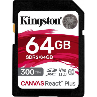 Карта памяти SD, Kingston Canvas React Plus, 64GB, SDR2/64GB, UHS-II, R300/W260 Карта памяти SD, Kingston Canvas React Plus, 64GB, SDR2/64GB, UHS-II, R300/W260