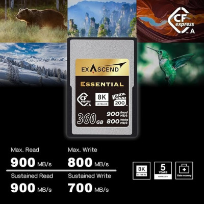 Карта памяти CFexpress Type A, 360Gb, Exascend Essential, VPG200 - 8K, PCIe3.0, R900/W800