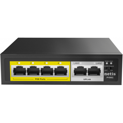Коммутатор Netis P106C, 4x100 LAN PoE(max 30W/port), 2x100 Uplink, max 60W PoE