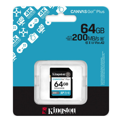 Карта памяти SD, Kingston Canvas Go! Plus, 64GB, SDG4/64GB, Class 10, UHS-I, R200/W160 Карта памяти SD, Kingston Canvas Go! Plus, 64GB, SDG4/64GB, Class 10, UHS-I, R200/W160