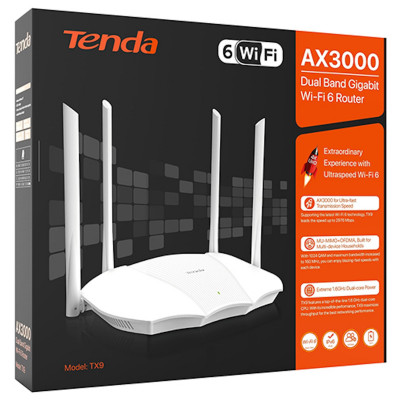 Беспроводной маршрутизатор Tenda TX9, Wi-Fi 6, AX3000 (574+2402 Мбит/с), WAN, 4xGLAN, 20+23dBm Беспроводной маршрутизатор Tenda TX9, Wi-Fi 6, AX3000 (574+2402 Мбит/с), WAN, 4xGLAN, 20+23dBm