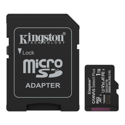 Карта памяти microSDXC 1TB, Kingston SDCS3/1TB, Canvas Select Plus Gen3, A1, V10, 100M/s, +adapter