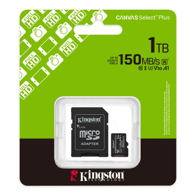 Карта памяти microSDXC 1TB, Kingston SDCS3/1TB, Canvas Select Plus Gen3, A1, V10, 100M/s, +adapter