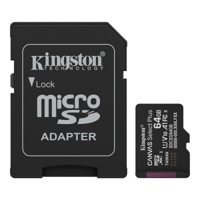 Карта памяти microSDXC 64GB, Kingston SDCS3/64GB, Canvas Select Plus Gen3, A1, V10, 100M/s, +adapter