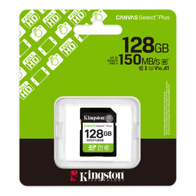Карта памяти SD, Kingston Canvas Select Plus 128Gb, SDS3/128GB, UHS-I, U1, V10, 150 МБ/с