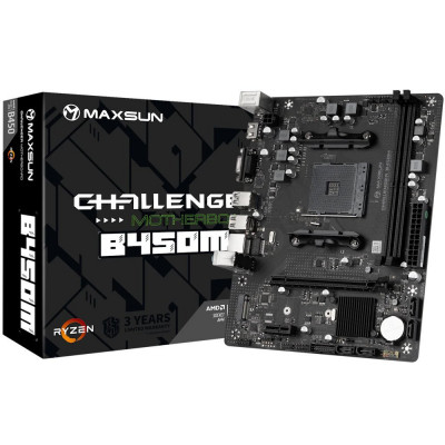Материнская плата MaxSun Challenger B450M (V0), AM4, 2xDDR4, PCIe3.0, HDMI+VGA, M.2, mATX Материнская плата MaxSun Challenger B450M (V0), AM4, 2xDDR4, PCIe3.0, HDMI+VGA, M.2, mATX