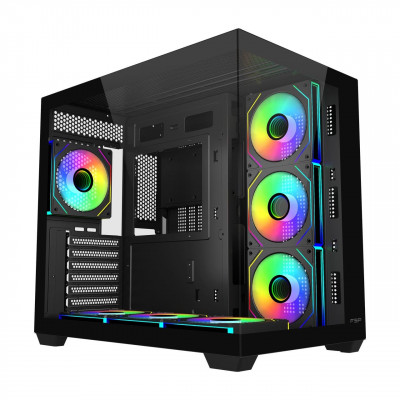 Компьютерный корпус FSP M341-BA, Без БП, 2xUSB3.0/Type-C, 7xARGB 120mm, 2xGlass, Black, ATX