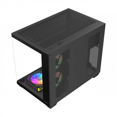 Компьютерный корпус FSP S342-BA, Без БП, 2xUSB3.0+Type-C, 6xARGB 120mm, 2xGlass, Black, mATX