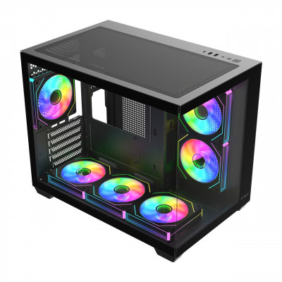 Компьютерный корпус FSP S342-BA, Без БП, 2xUSB3.0+Type-C, 6xARGB 120mm, 2xGlass, Black, mATX